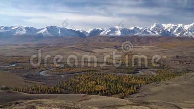 西伯利亚阿尔雅地区蜿蜒河流的全景照片。